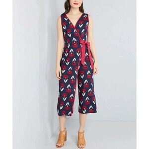 ModCloth Size S Navy Sleeveless Floral Tie Waist Wrap Crop Jumpsuit